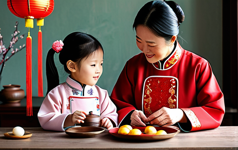 Cultural Heritage - Family Tradition** "A heartwarming scene of a grandmother teaching her granddaughter traditional Chinese crafts during the Lunar New Year, fully clothed in modest, traditional clothing, safe for work, appropriate content, perfect anatomy, natural proportions, professional photography, family-friendly, depicting Spring Festival decorations in the background." **