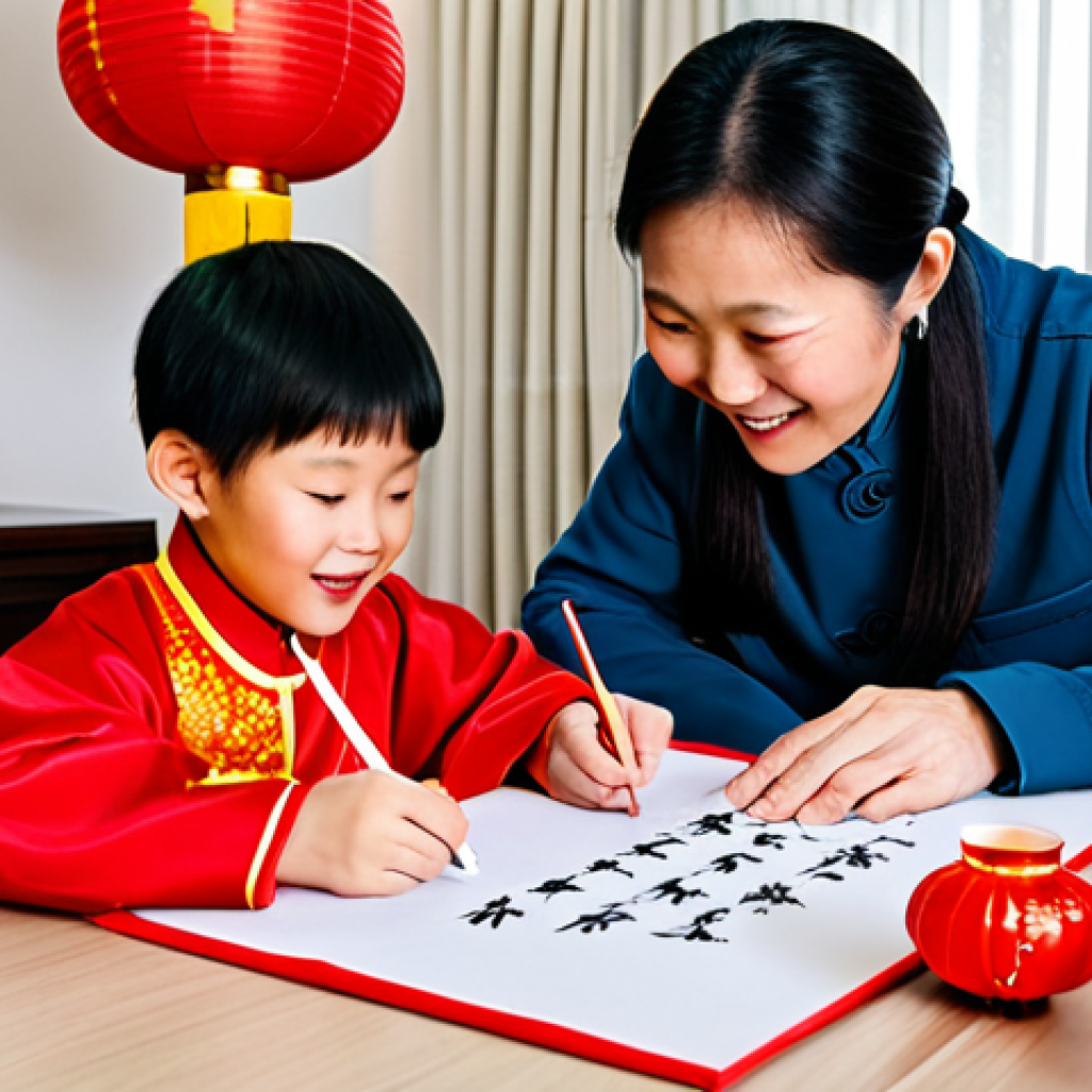 **Prompt:** A warm, inviting scene of a Chinese family celebrating the Lunar New Year in their home, surrounded by traditional decorations like red lanterns and couplets. The grandmother teaches her grandchild how to write calligraphy. Everyone is fully clothed in appropriate attire. Focus on the joy and familial love. Safe for work, family-friendly, perfect anatomy, natural pose, high quality.