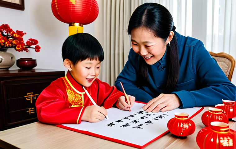 **Prompt:** A warm, inviting scene of a Chinese family celebrating the Lunar New Year in their home, surrounded by traditional decorations like red lanterns and couplets. The grandmother teaches her grandchild how to write calligraphy. Everyone is fully clothed in appropriate attire. Focus on the joy and familial love. Safe for work, family-friendly, perfect anatomy, natural pose, high quality.