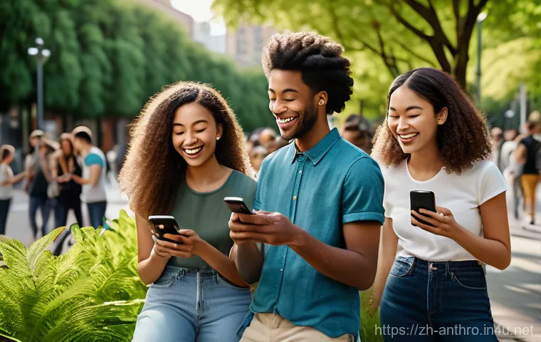 문화의 변화와 사회적 적응 - **Digital Connectivity in an Urban Oasis:** A vibrant, sun-drenched urban park scene where a diverse...