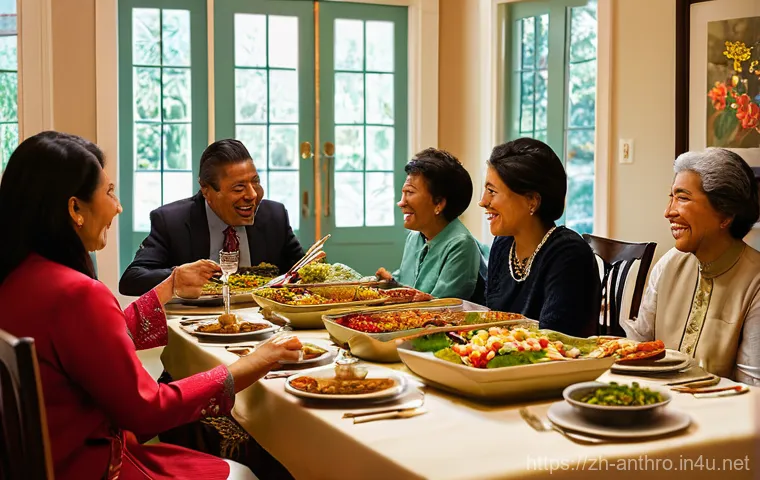 문화인류학 주요 연구 분야 - **Cultural Feast: A Family Gathering** A vibrant, warmly lit scene of a diverse family (multi-ge...