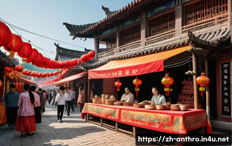 문화 경제학 - A vibrant traditional Chinese cultural festival scene in a modern small town setting, featuring arti...
