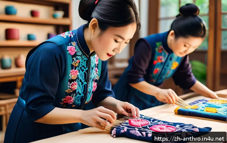 세계화와 지역 문화 - A vibrant artisan workshop scene in modern China, featuring skilled craftsmen creating traditional h...