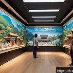 문화적 지속가능성 - A vibrant digital museum interior showcasing ancient Chinese architecture and cultural artifacts ren...