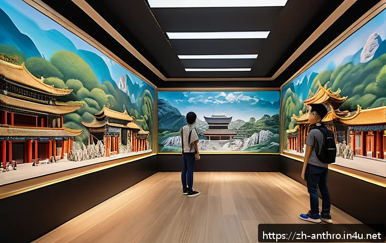문화적 지속가능성 - A vibrant digital museum interior showcasing ancient Chinese architecture and cultural artifacts ren...