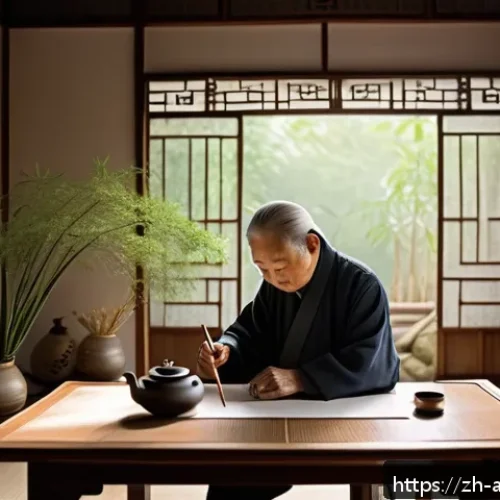 문화와 의료 - A serene scene of an elderly Chinese calligrapher practicing traditional calligraphy in a quiet, sun...