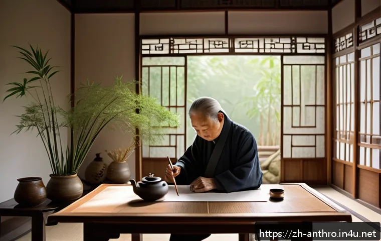 문화와 의료 - A serene scene of an elderly Chinese calligrapher practicing traditional calligraphy in a quiet, sun...