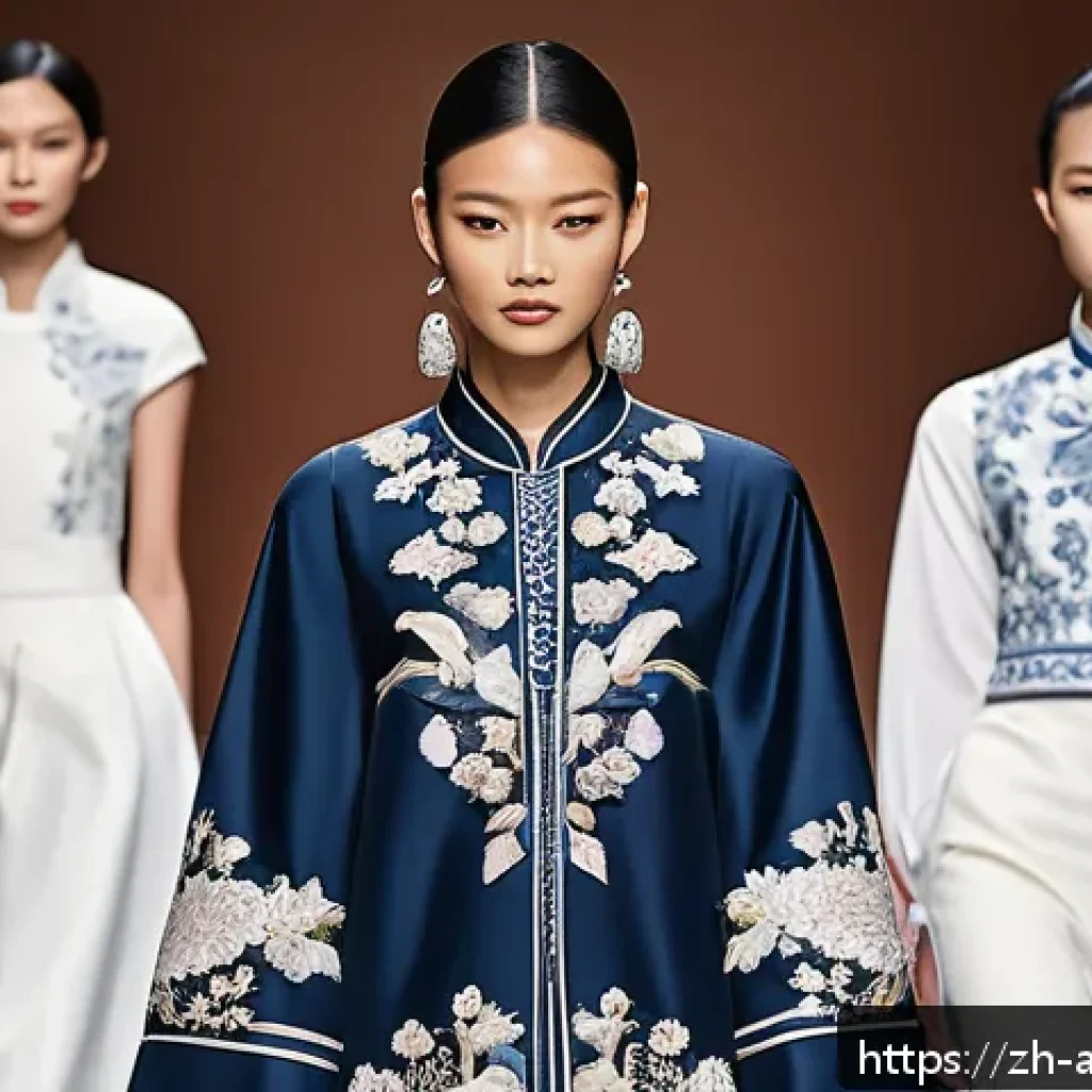 문화의 경제적 자원 - A modern fashion runway scene featuring models wearing elegant clothing that blends traditional Chin...