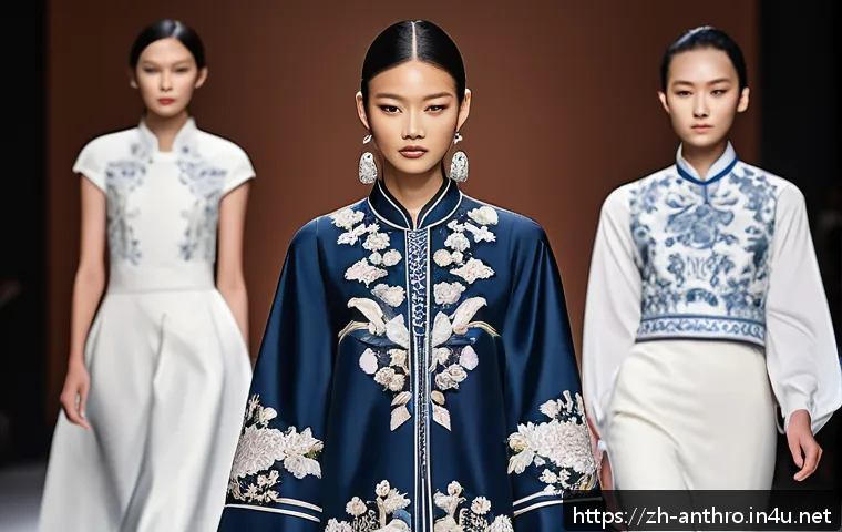 문화의 경제적 자원 - A modern fashion runway scene featuring models wearing elegant clothing that blends traditional Chin...