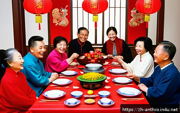 문화와 정체성 - A warm family scene during Chinese New Year celebration, featuring multiple generations gathered aro...