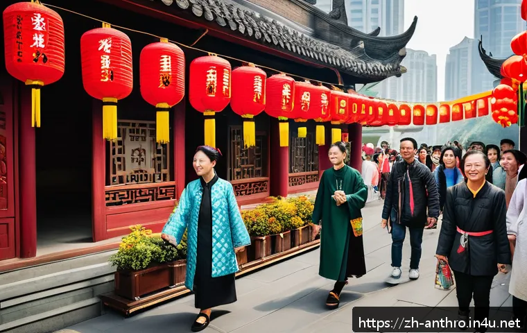 문화적 상대주의 - A vibrant urban scene in a modern Chinese city like Shanghai, showcasing a multicultural street fest...