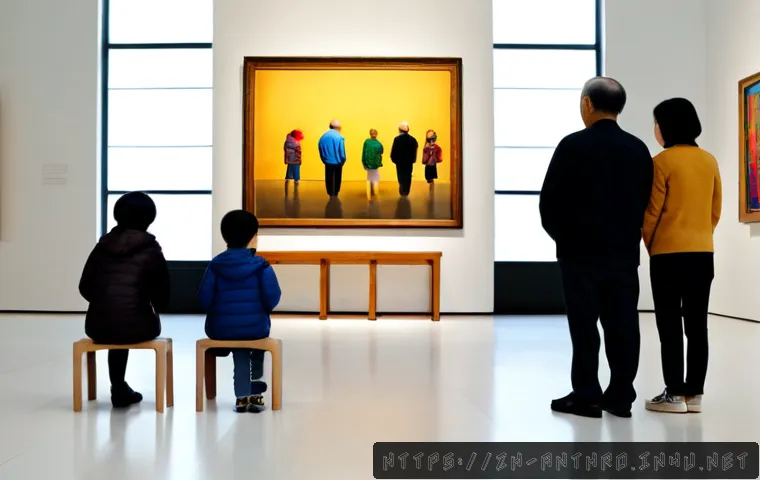 문화적 소비 - Photorealistic scene of a multigenerational Chinese family visiting a contemporary art museum, grand...